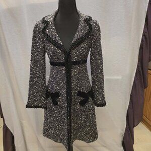 NANETTE LEPORE PEBBLE TWEED WOOL BLEND JACKET COAT VELVET TRIM BOWS WOMENS XS